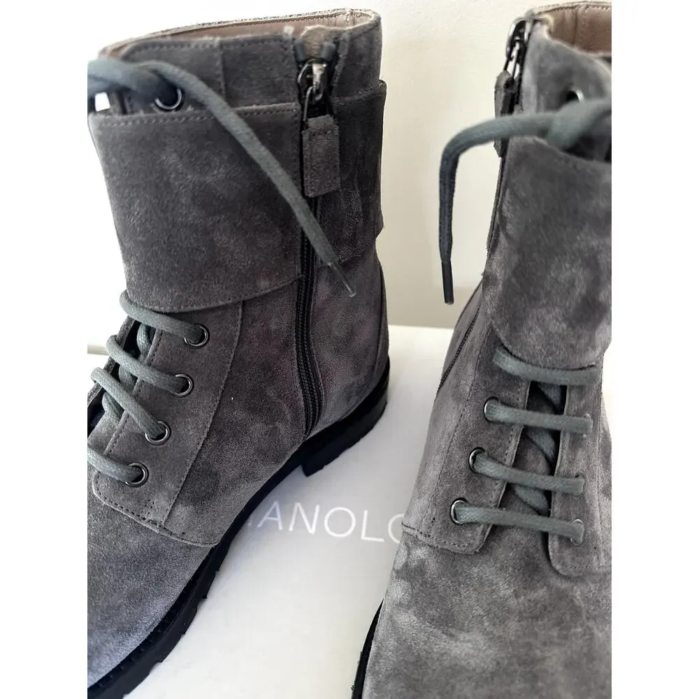New Manolo Blahnik Men Boots Fullis Gray Lace Up Leather size 8 uk Made in Italy
